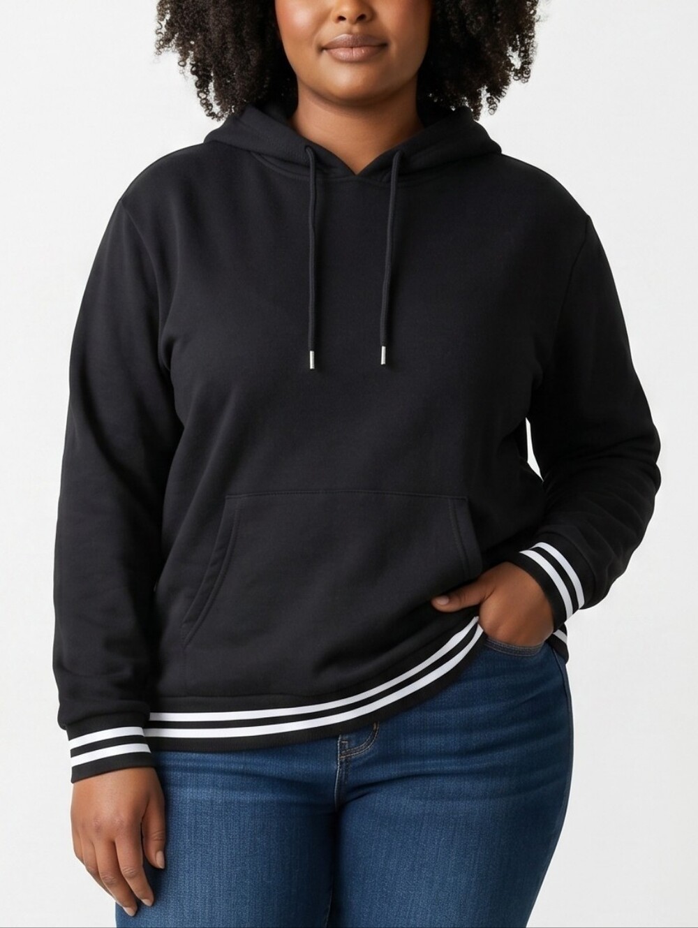 Women's Black Hooded Pullover Sweatshirt with Striped Trim